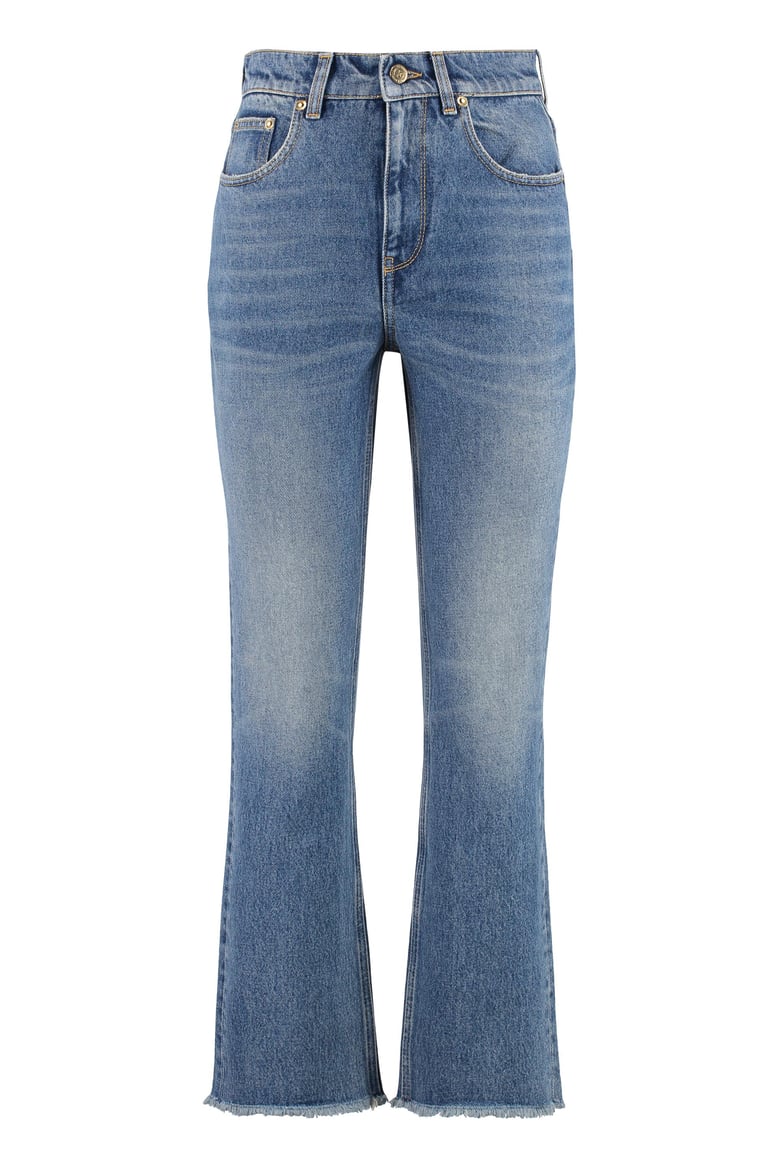 embroidered patch cropped jeans by Selfnex
