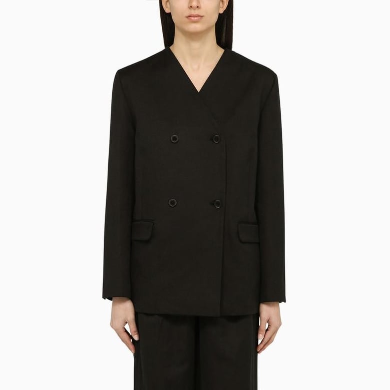 black double-breasted jacket in cotton and linen by Selfnex