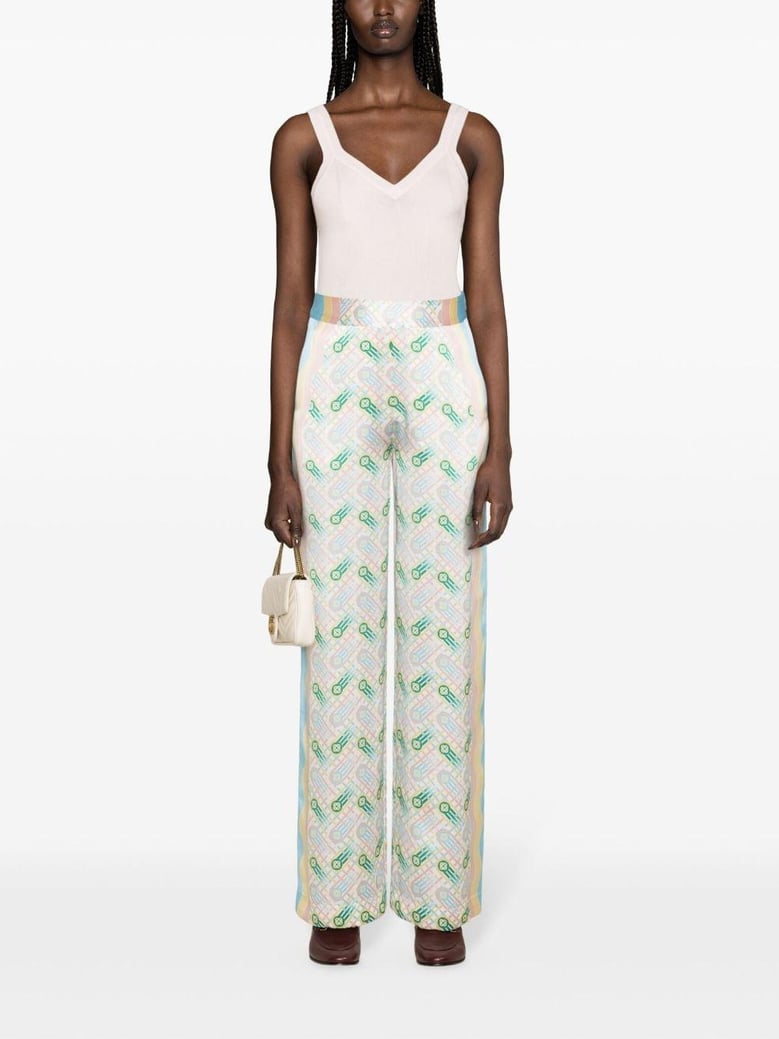printed silk straight leg trousers by Selfnex