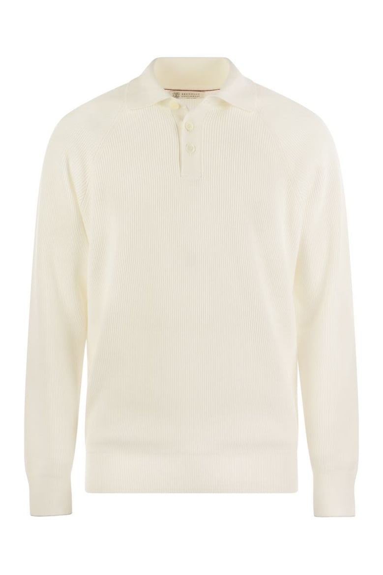 cotton rib knit polo shirt with long raglan sleeve by Selfnex