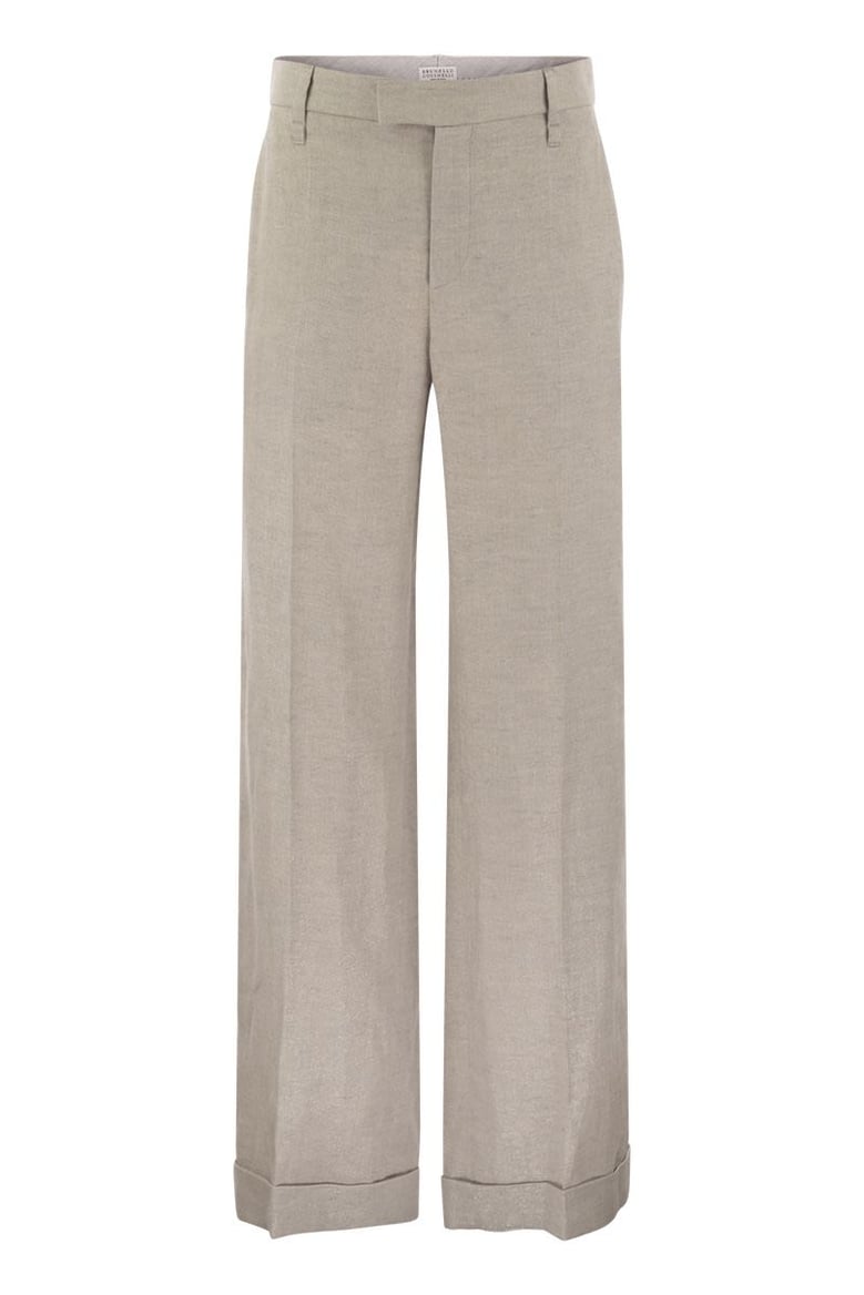 flared loose-fitting trousers in sparkling linen twill with necklace by Selfnex