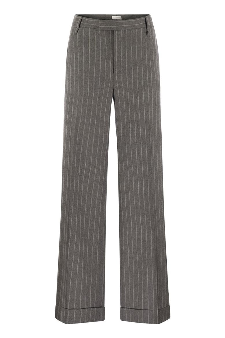 loose flared trousers in virgin wool mouliné pinstripe with beadwork by Selfnex