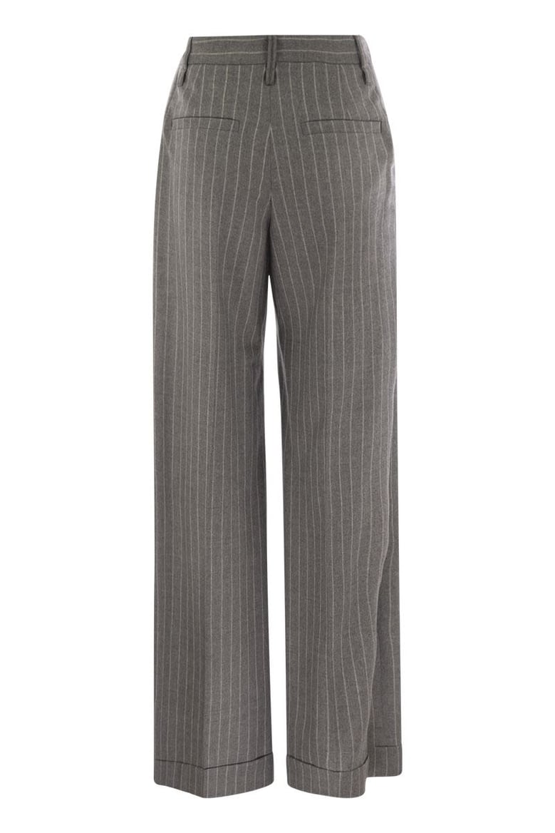 loose flared trousers in virgin wool mouliné pinstripe with beadwork by Selfnex