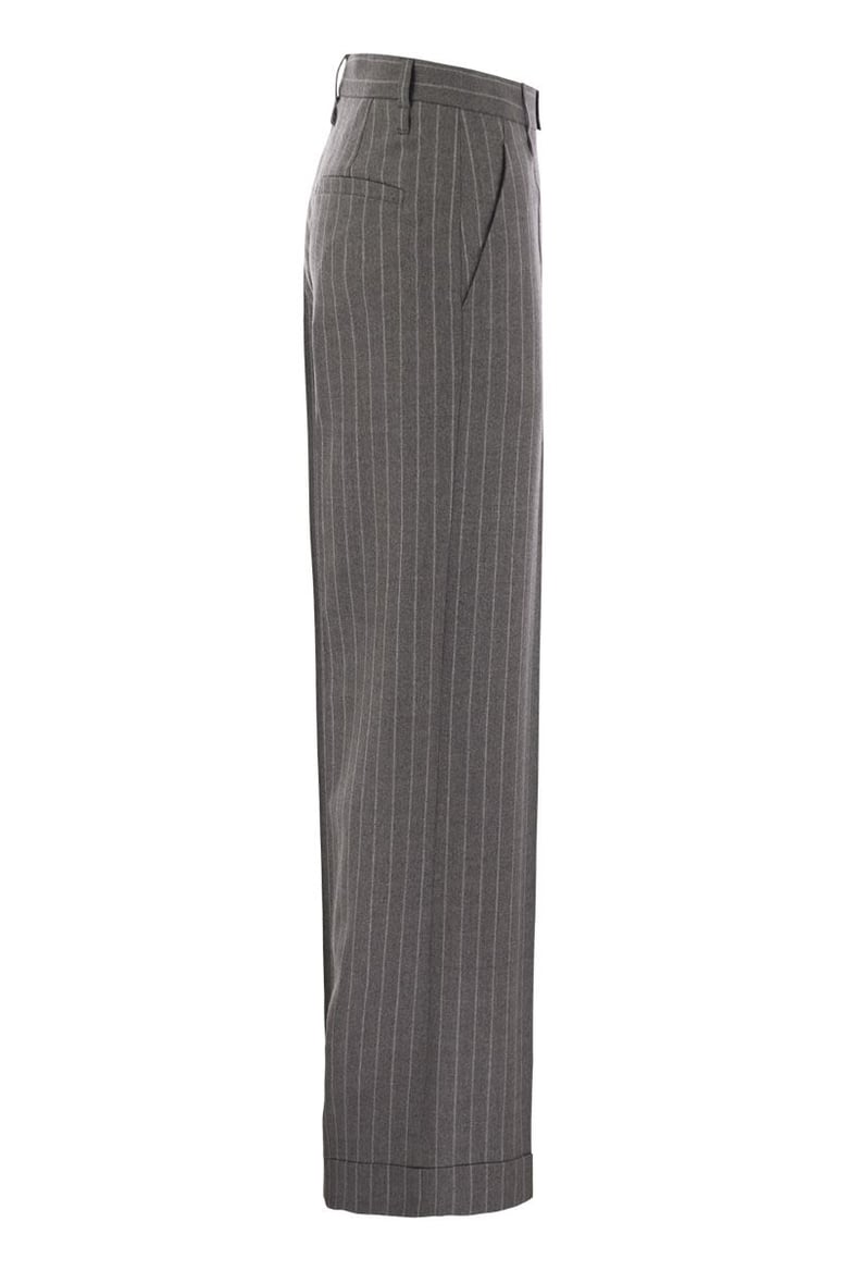 loose flared trousers in virgin wool mouliné pinstripe with beadwork by Selfnex