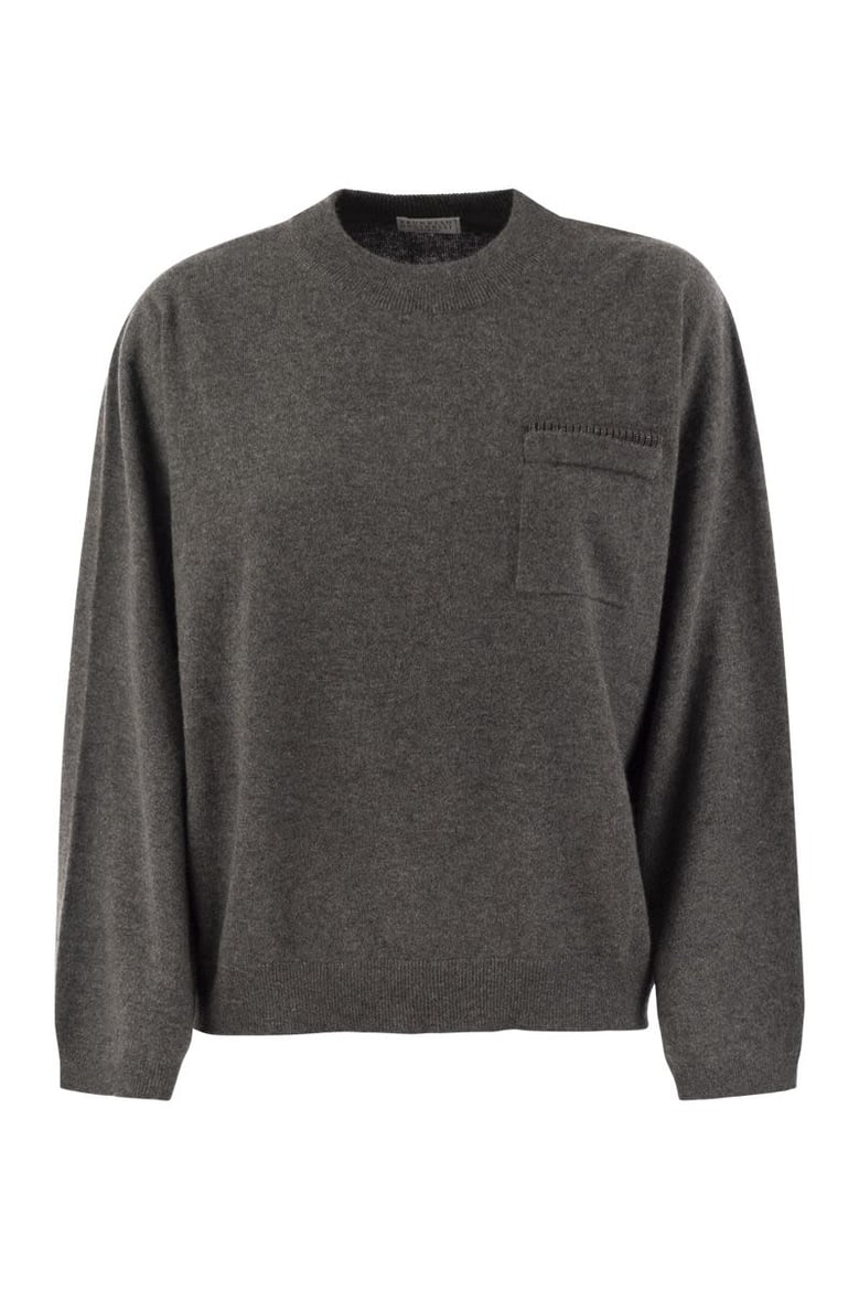 cashmere sweater with breast pocket and necklace by Selfnex