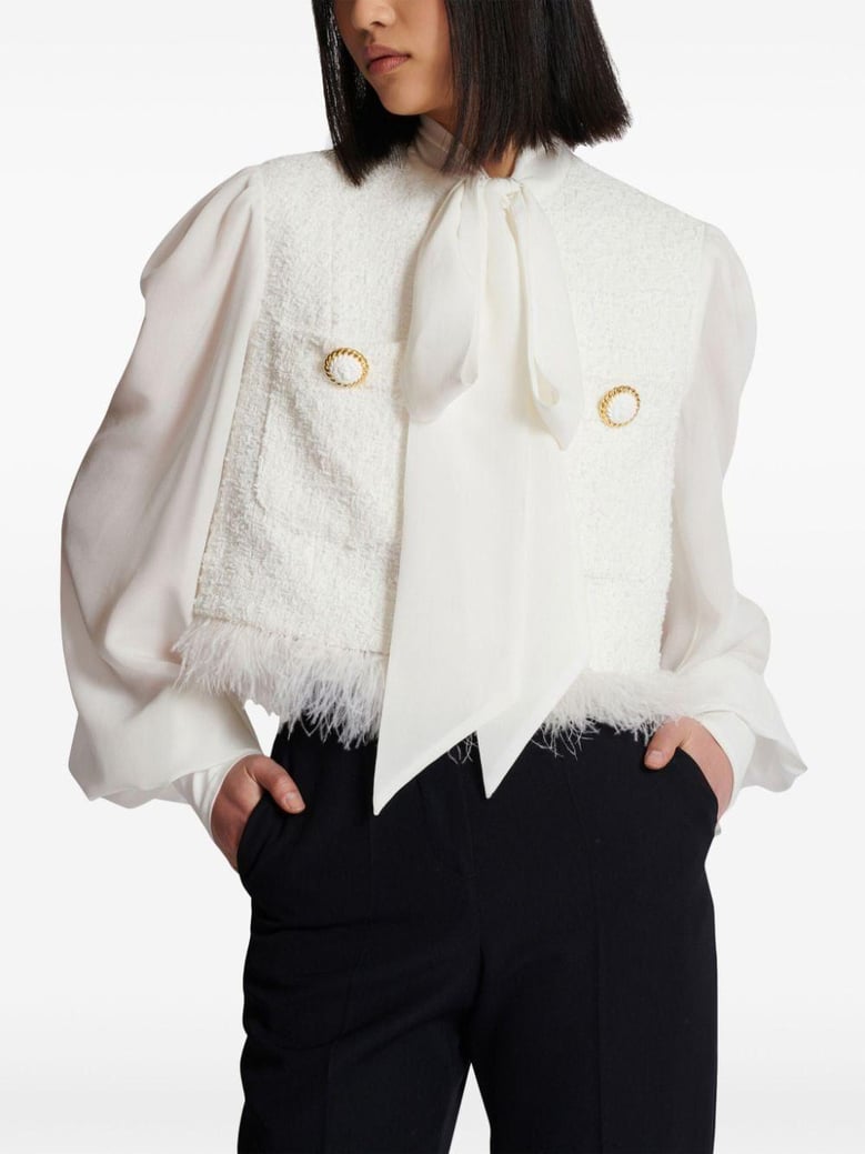 white lavalliere jacket with bow pocket by Selfnex