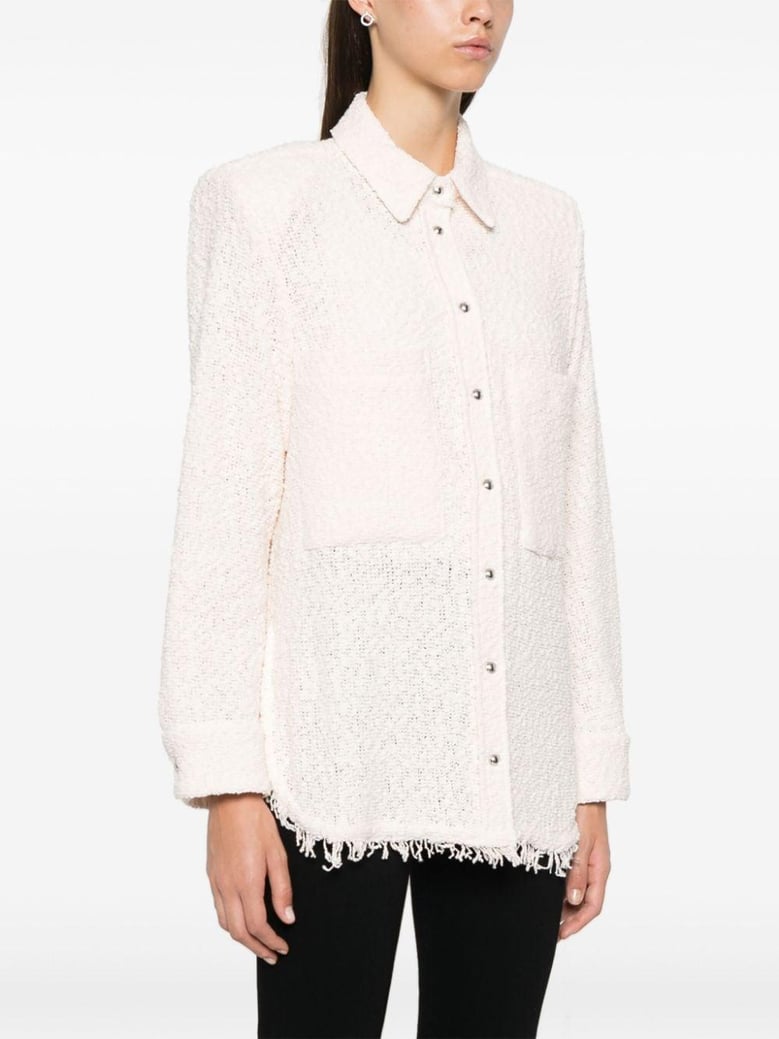 powder pink tweed bouclé construction front shirt by Selfnex
