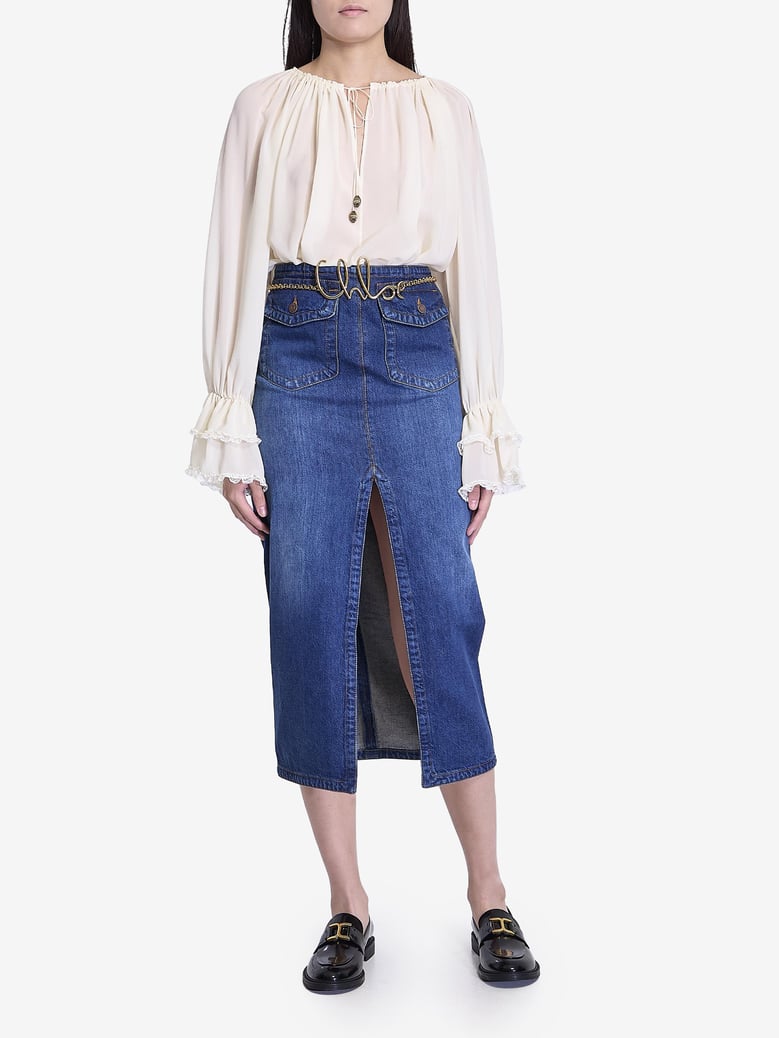 denim midi skirt by Selfnex