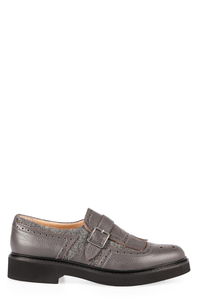 grey leather shoes with buckle and fringes by Selfnex