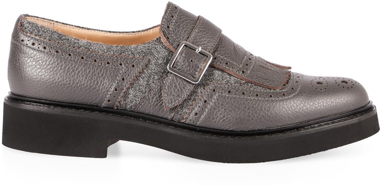 grey leather shoes with buckle and fringes by Selfnex