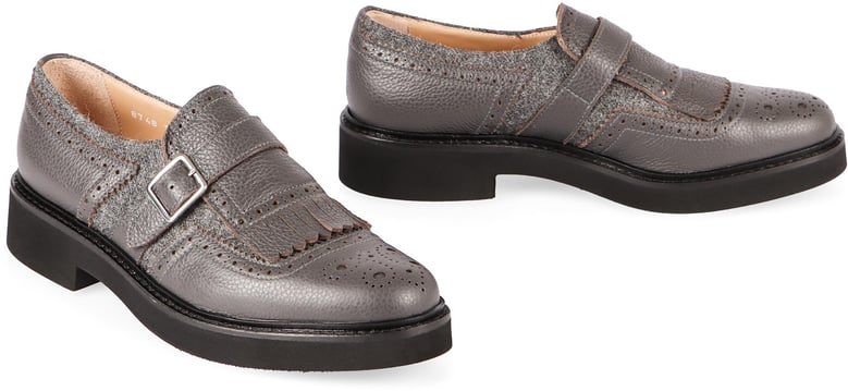 grey leather shoes with buckle and fringes by Selfnex