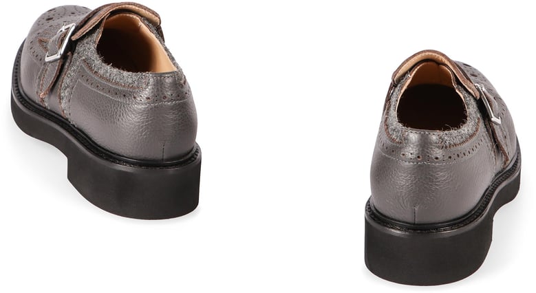 grey leather shoes with buckle and fringes by Selfnex