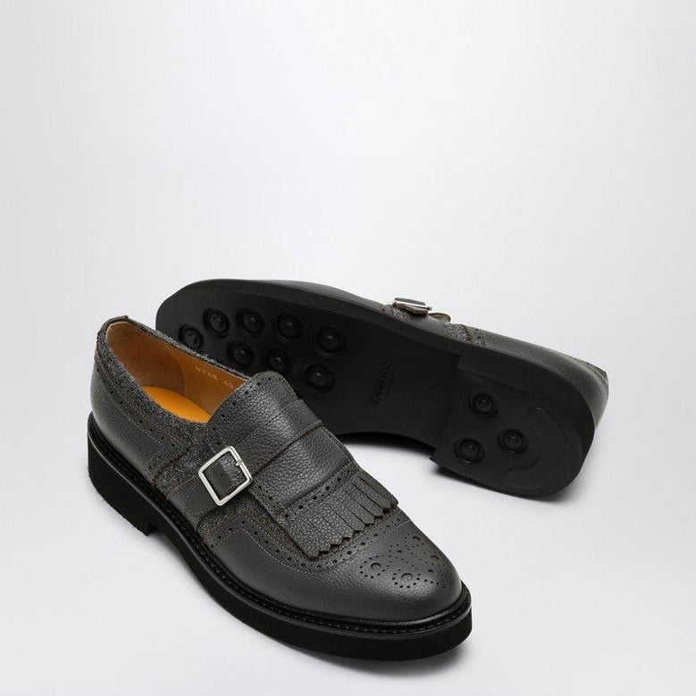 grey leather shoes with buckle and fringes by Selfnex