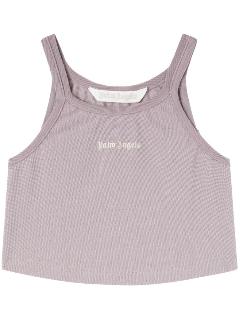 purple/white sleeveless logo crop top by Selfnex