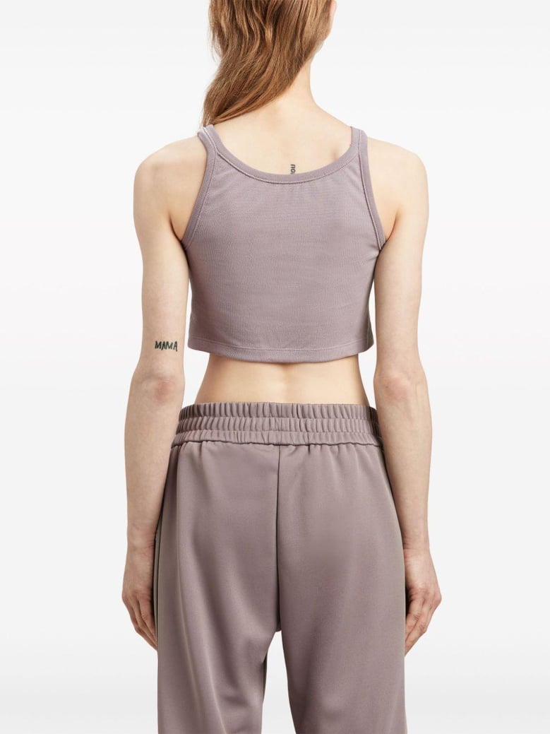 purple/white sleeveless logo crop top by Selfnex