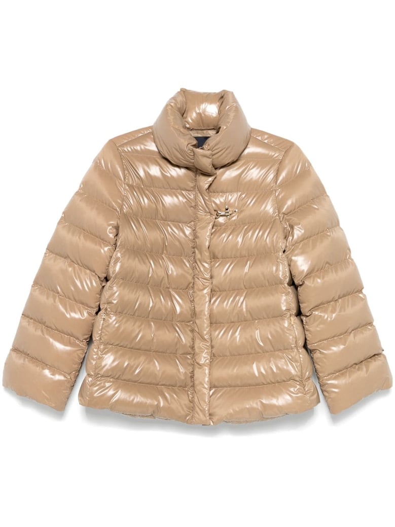 beige glossy quilted down jacket by Selfnex