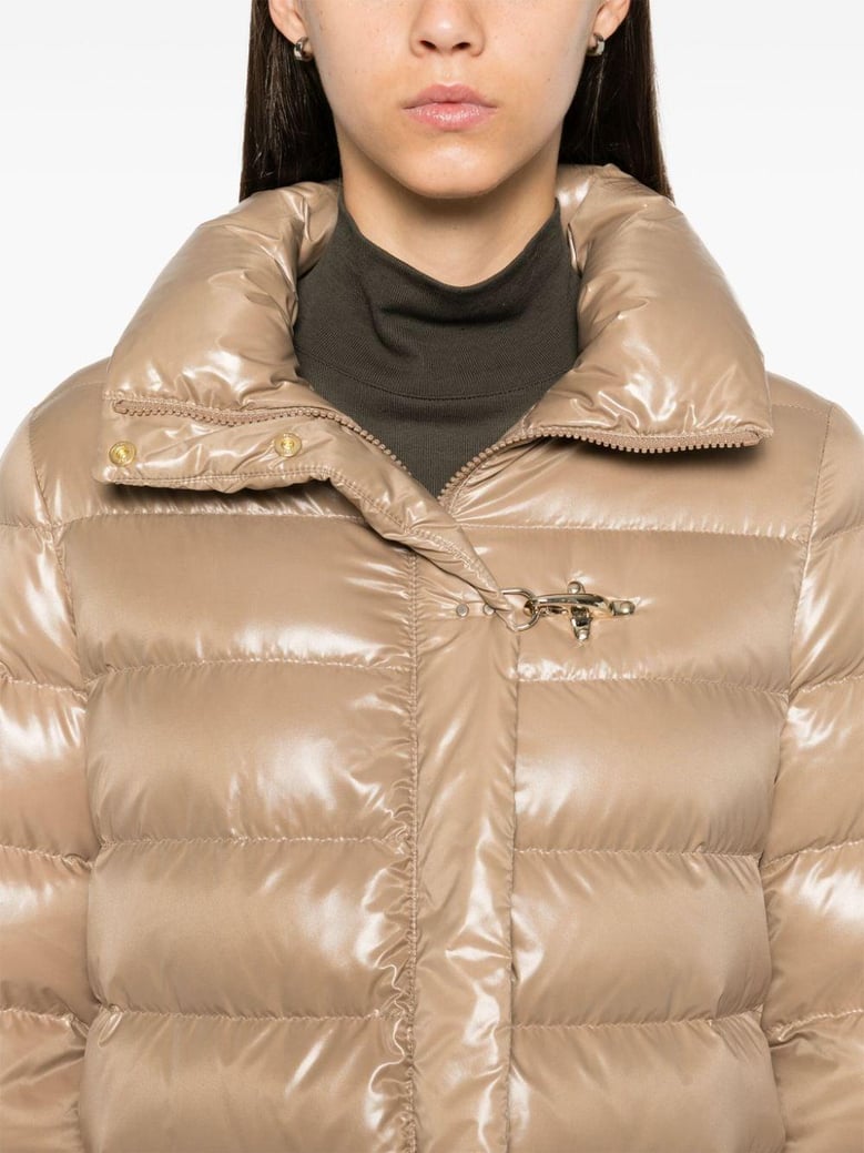 beige glossy quilted down jacket by Selfnex