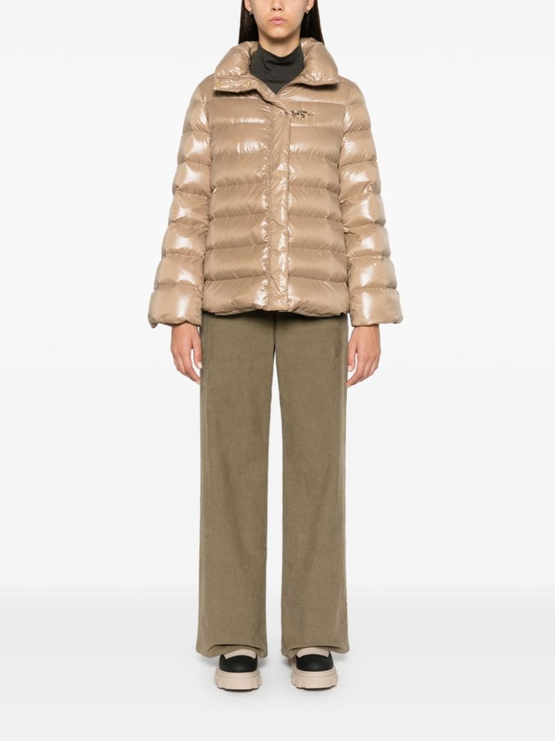 beige glossy quilted down jacket by Selfnex
