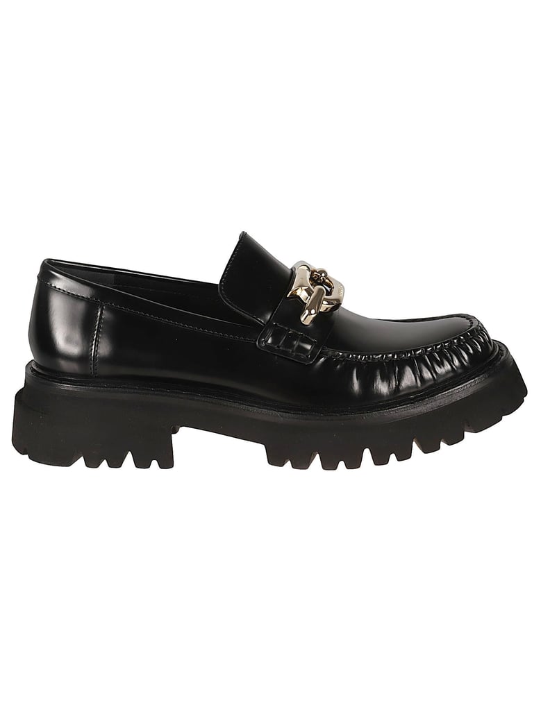gancini-buckle black leather loafers by Selfnex