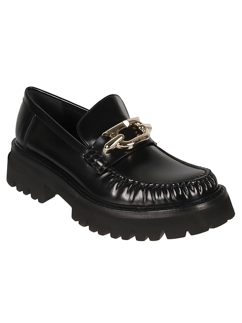 gancini-buckle black leather loafers by Selfnex