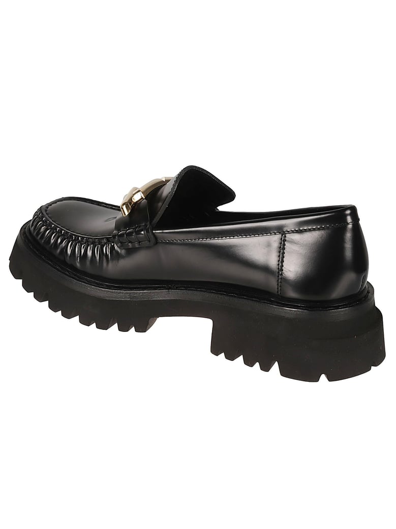 gancini-buckle black leather loafers by Selfnex