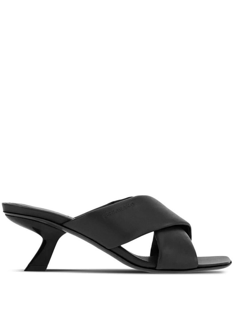 black lambskin crossover slip-on heels by Selfnex