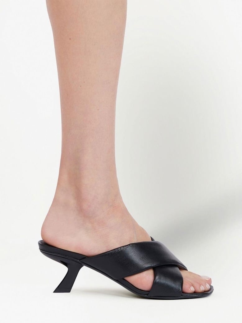 black lambskin crossover slip-on heels by Selfnex