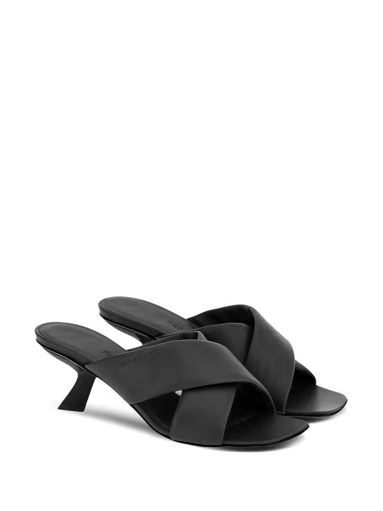 black lambskin crossover slip-on heels by Selfnex