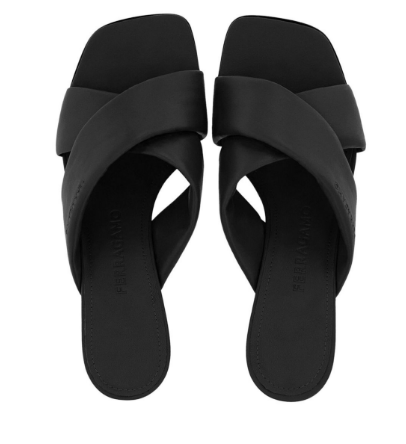 black lambskin crossover slip-on heels by Selfnex