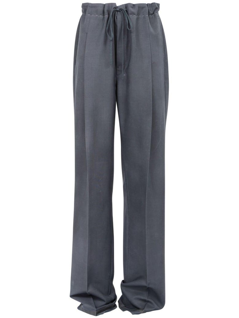 maison margiela drawstring pants in mohair wool charcoal gray color with hand-applied bold patina mid-rise waistband with front pleats horn buttons and reinforced ankles margiela s signa by Selfnex
