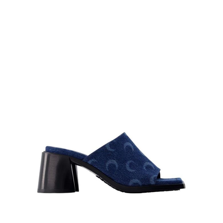 serre heeled mules in moon allover print denim by Selfnex