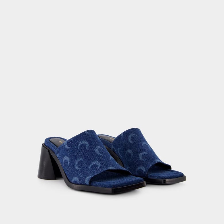 serre heeled mules in moon allover print denim by Selfnex