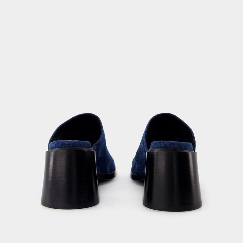 serre heeled mules in moon allover print denim by Selfnex