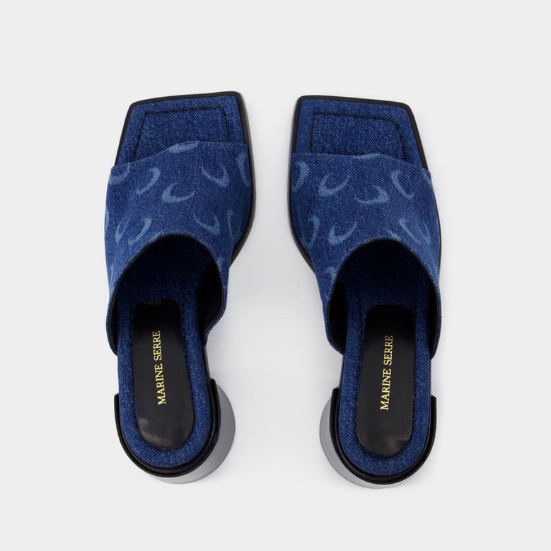 serre heeled mules in moon allover print denim by Selfnex