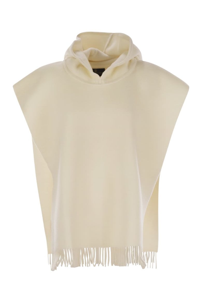 double knit wool and cashmere poncho with hood and fringes by Selfnex