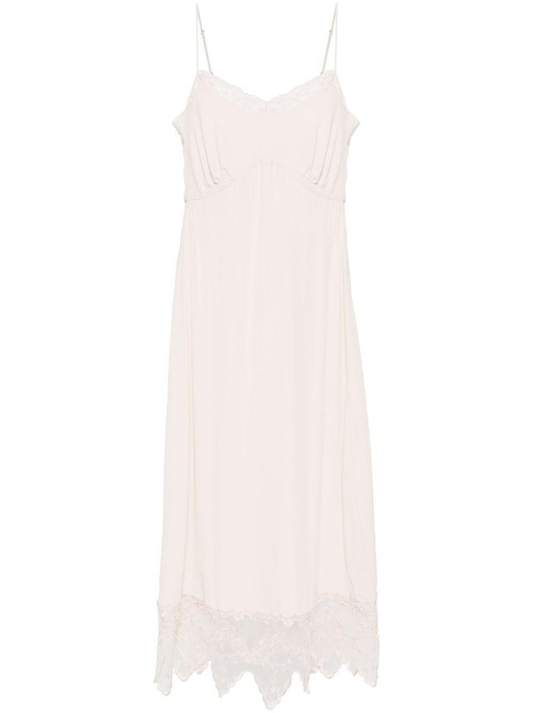 powder-pink silk-blend crepe de chine dress by simone rocha straight cut adjustable straps embroidered lace edges side slit gathered bust by Selfnex
