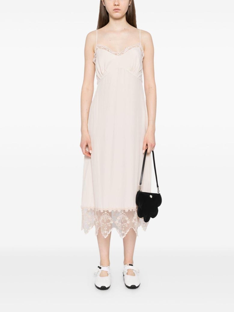 powder-pink silk-blend crepe de chine dress by simone rocha straight cut adjustable straps embroidered lace edges side slit gathered bust by Selfnex