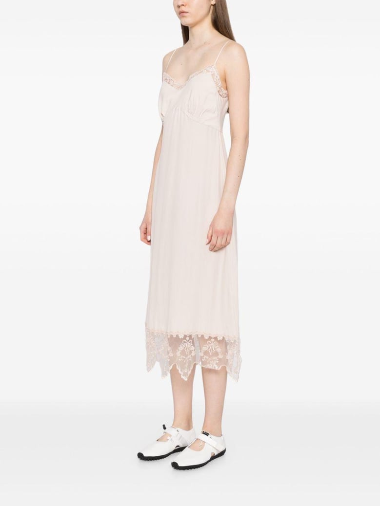 powder-pink silk-blend crepe de chine dress by simone rocha straight cut adjustable straps embroidered lace edges side slit gathered bust by Selfnex