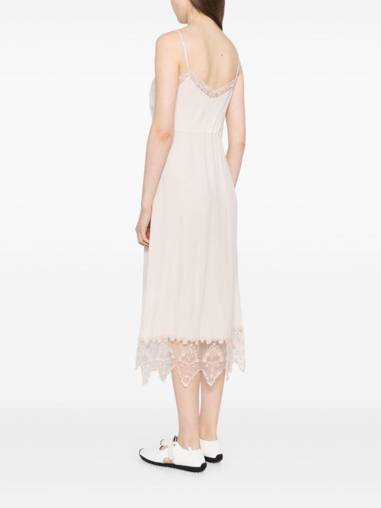 powder-pink silk-blend crepe de chine dress by simone rocha straight cut adjustable straps embroidered lace edges side slit gathered bust by Selfnex