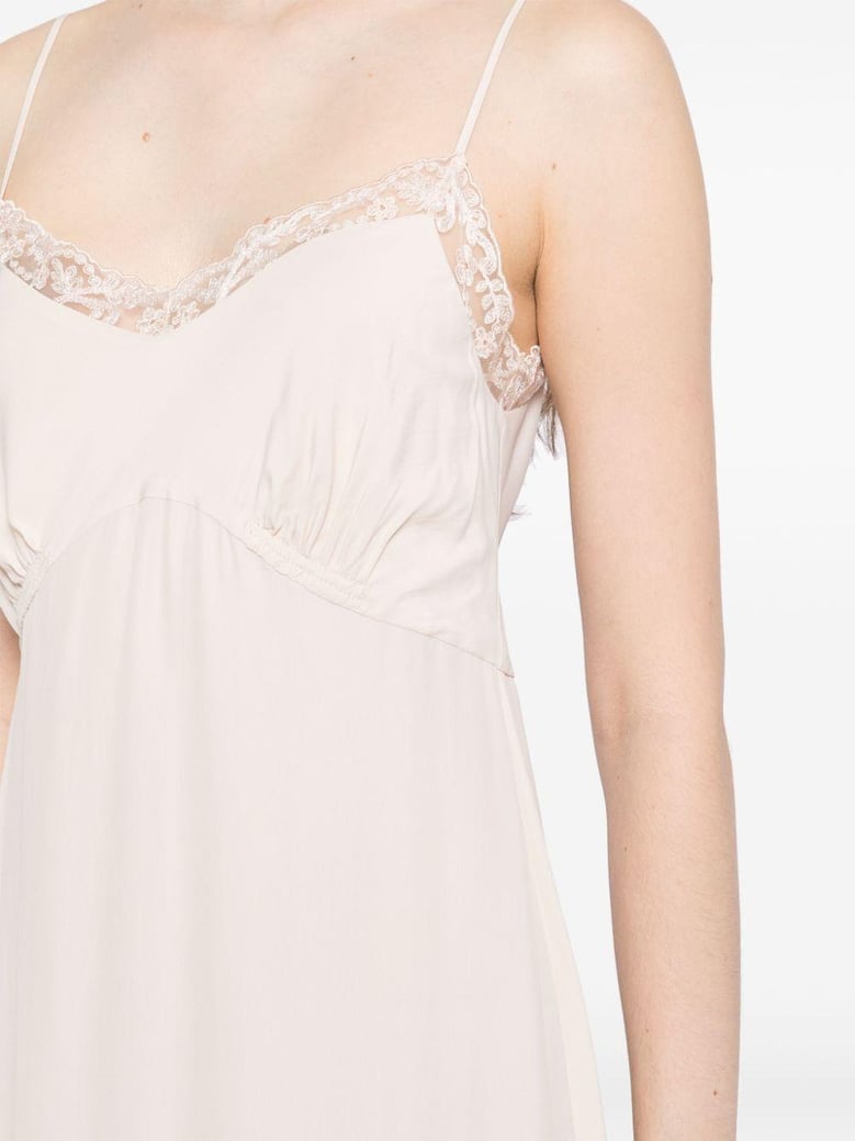 powder-pink silk-blend crepe de chine dress by simone rocha straight cut adjustable straps embroidered lace edges side slit gathered bust by Selfnex