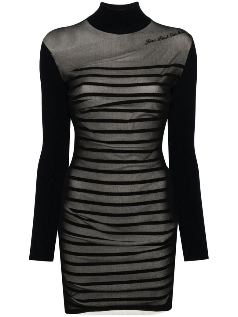 ribbed mariniere short dress with mesh layer by Selfnex