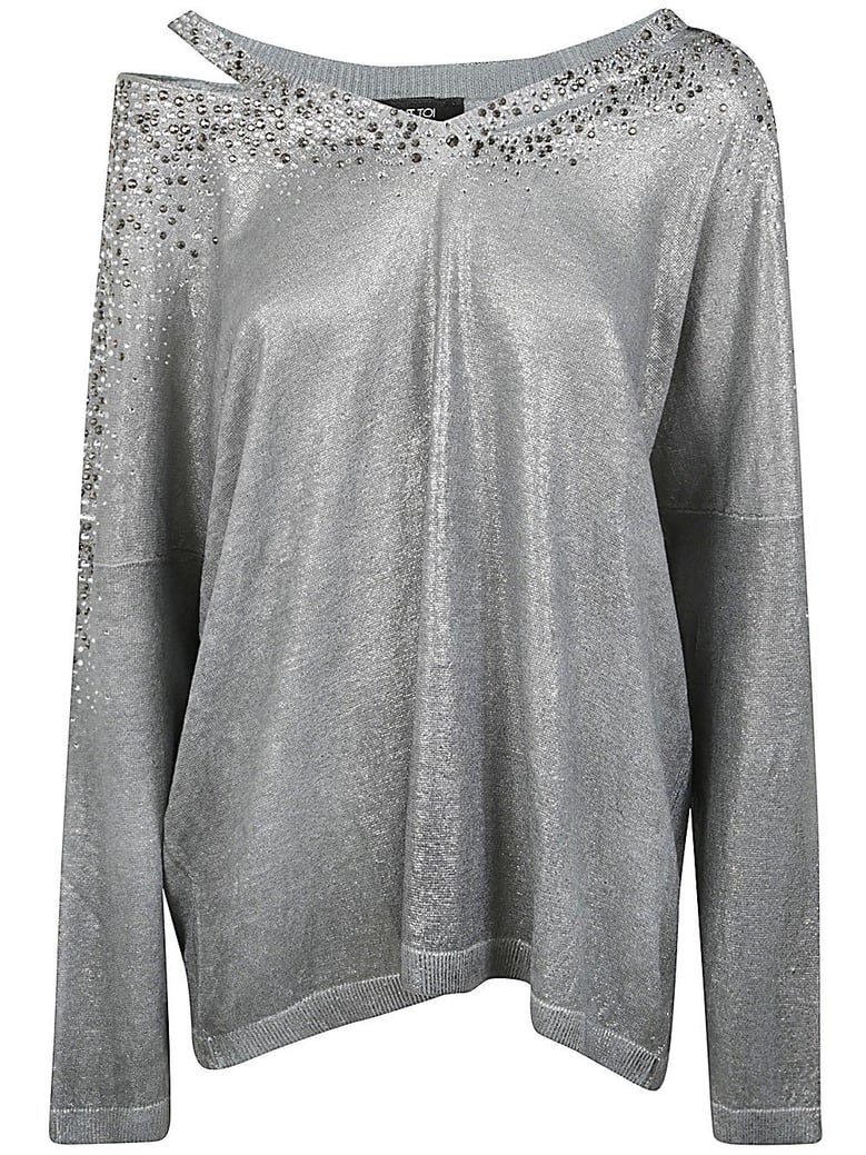 linen cotton v-neck pullover with lamination and strass by Selfnex