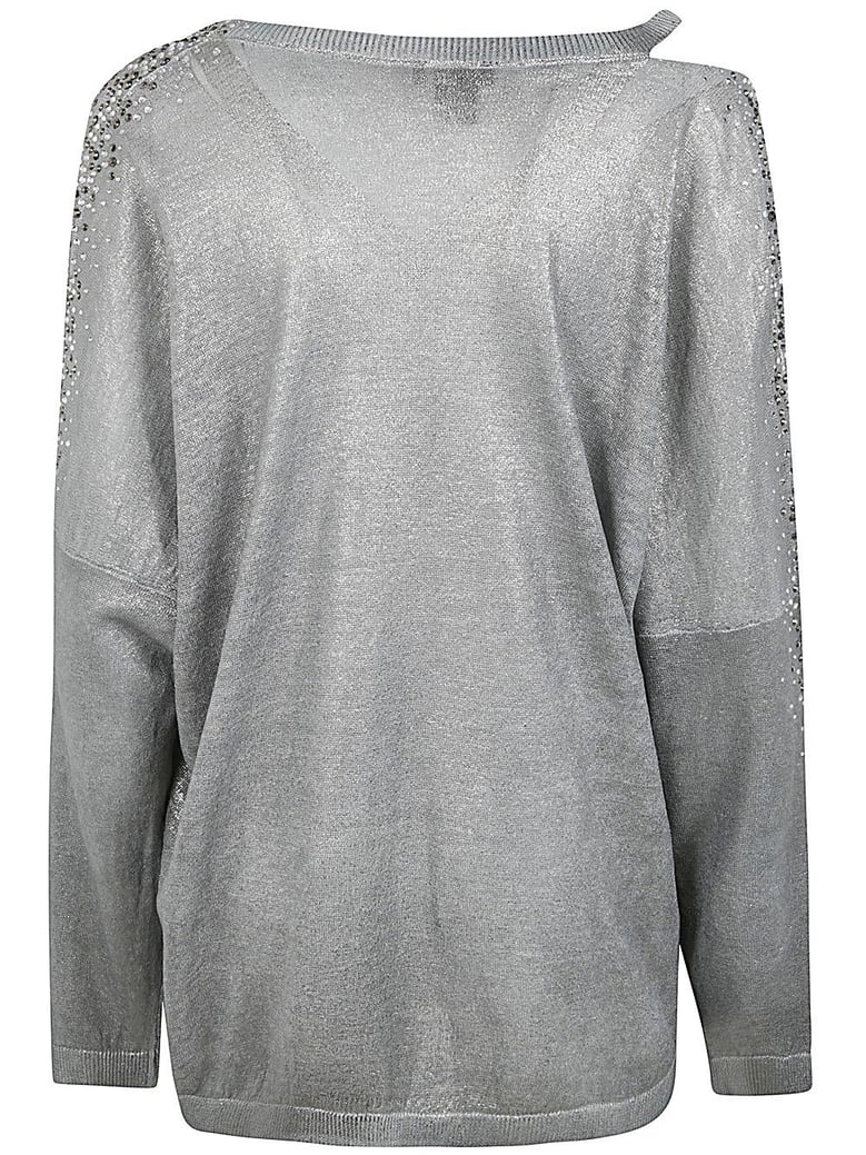 linen cotton v-neck pullover with lamination and strass by Selfnex