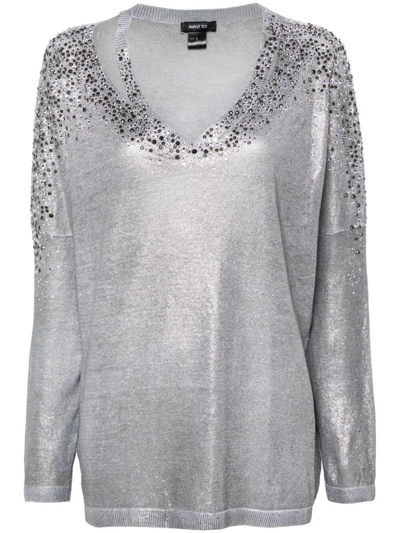 linen cotton v-neck pullover with lamination and strass by Selfnex