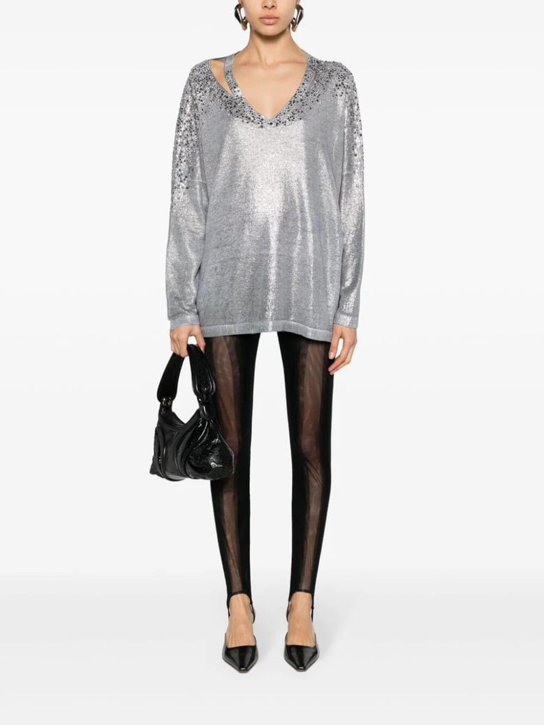 linen cotton v-neck pullover with lamination and strass by Selfnex