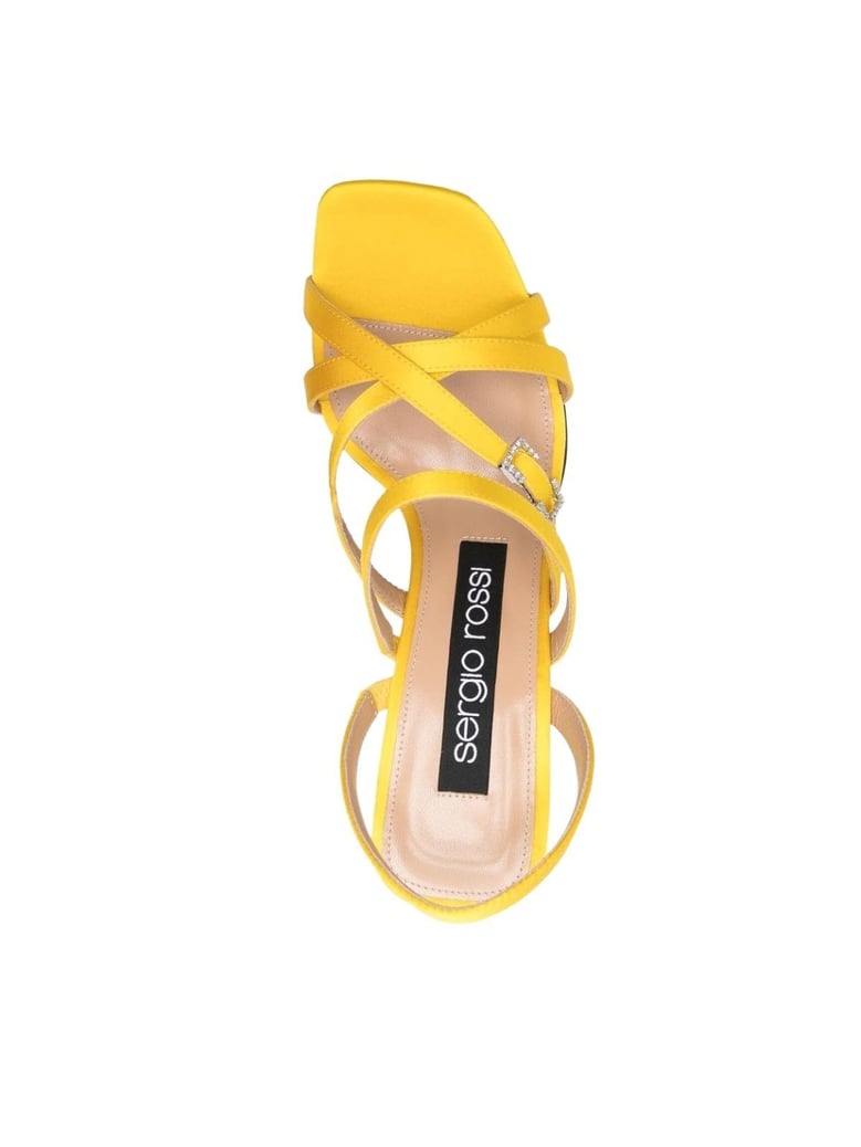 crepe satin leather heeled sandal by Selfnex