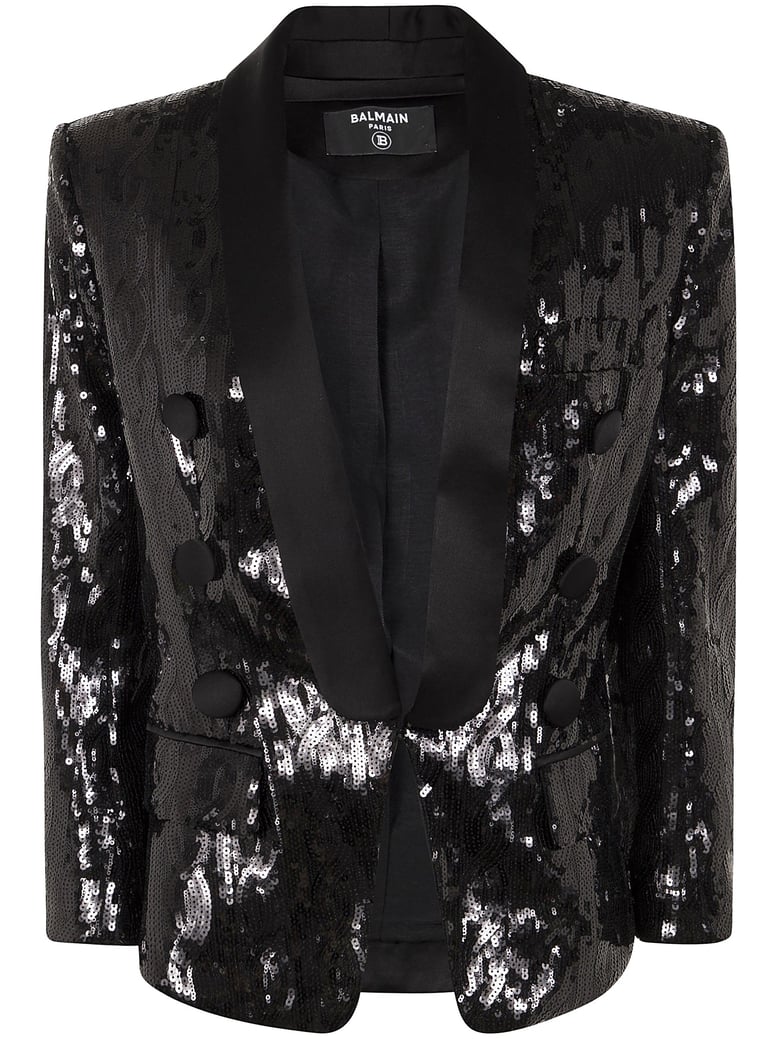 v-neck glitter satin tailored jkt by Selfnex