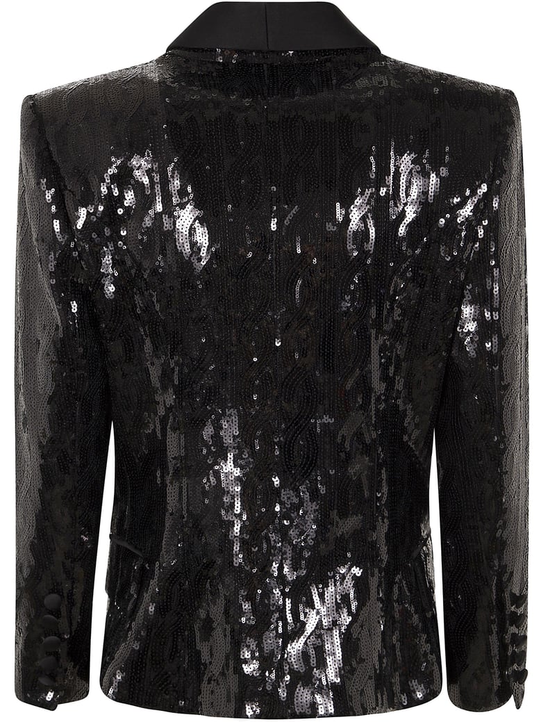 v-neck glitter satin tailored jkt by Selfnex