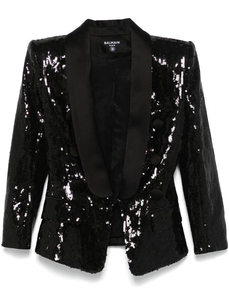 v-neck glitter satin tailored jkt by Selfnex