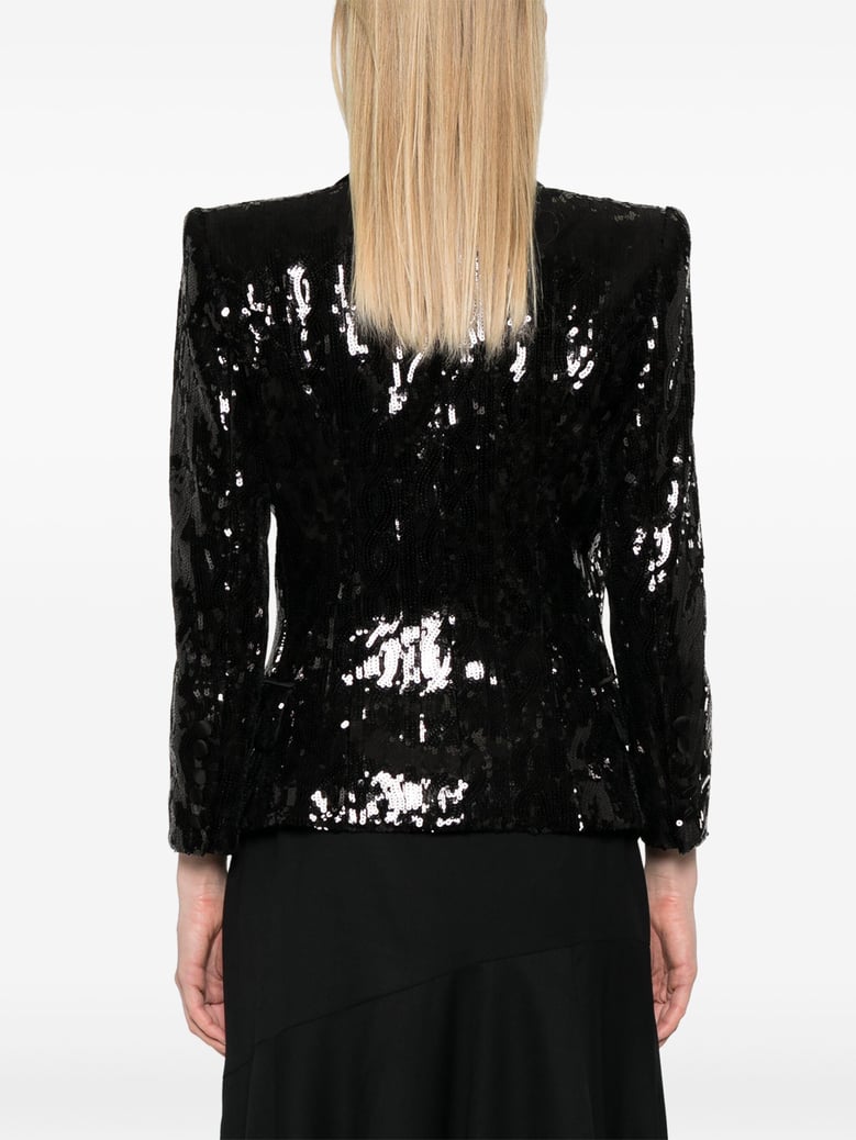 v-neck glitter satin tailored jkt by Selfnex